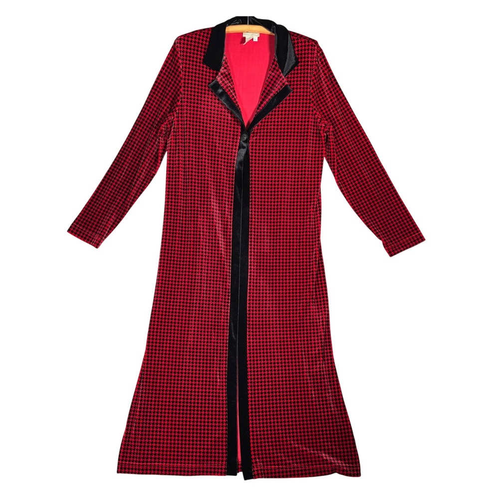VNTG Coldwater Creek Duster Size L Red Black Houndstooth Velvet Long Robe Kimono